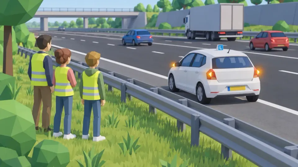 Three people in vests wait on the grass behind the crash barrier.