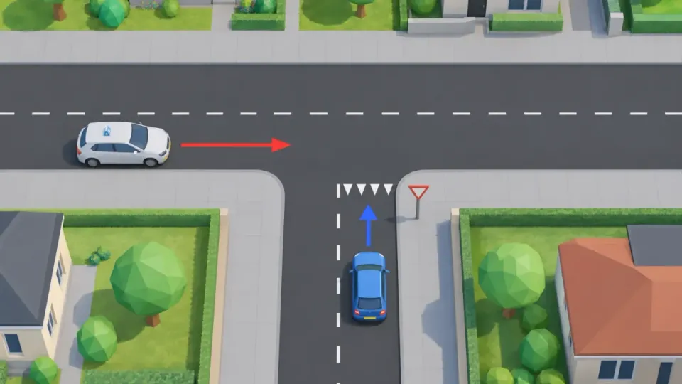 The same T-junction, now with shark’s teeth and sign B6 in the side road. The blue car waits, even though it comes from the right. The learner car goes first.