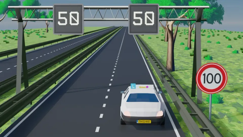 A 50 matrix sign above your lane and a fixed 100 sign: you drive at most 50 km/h.