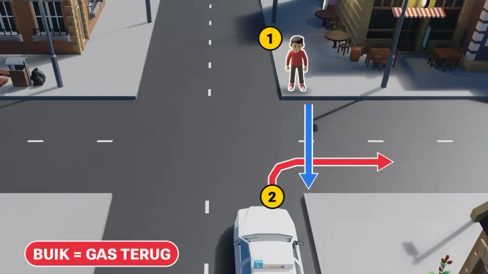 De lesauto slaat rechtsaf; de voetganger loopt naar de auto toe over de zijstraat.