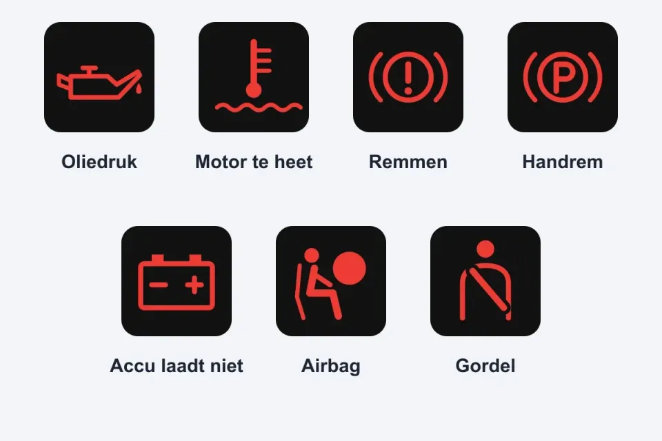 De rode lampjes die je het vaakst ziet: oliedruk, motor te heet, remmen, handrem, accu laadt niet, airbag en gordel.