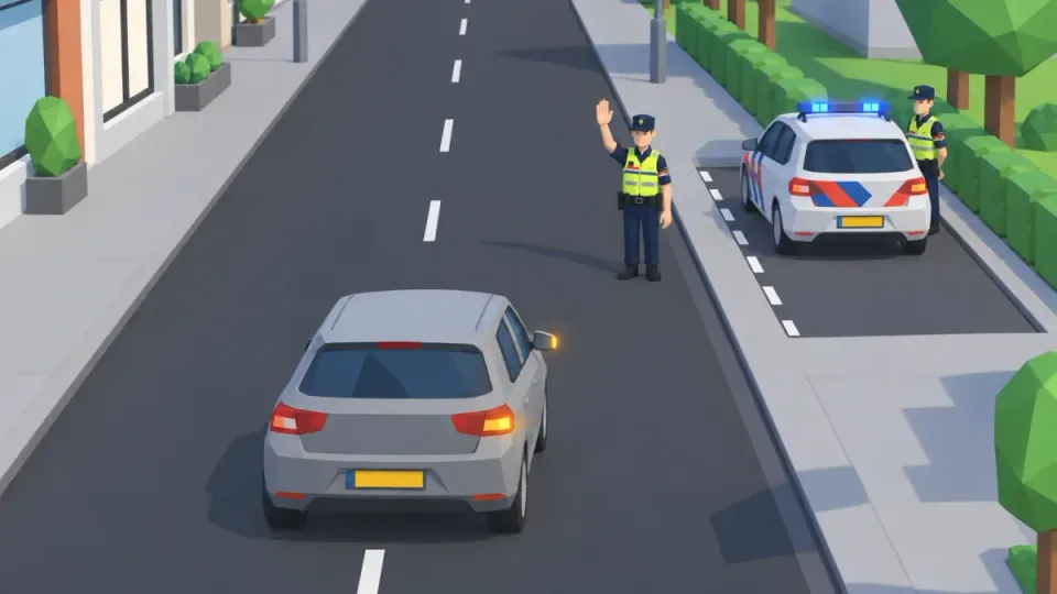 A police officer gives a stop signal: hand raised. The car brakes calmly, signals and stops near the police car.