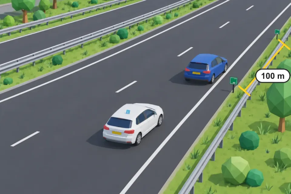 Two hectometre posts along the motorway, 100 metres apart; a blue car passes the first post, the learner car follows