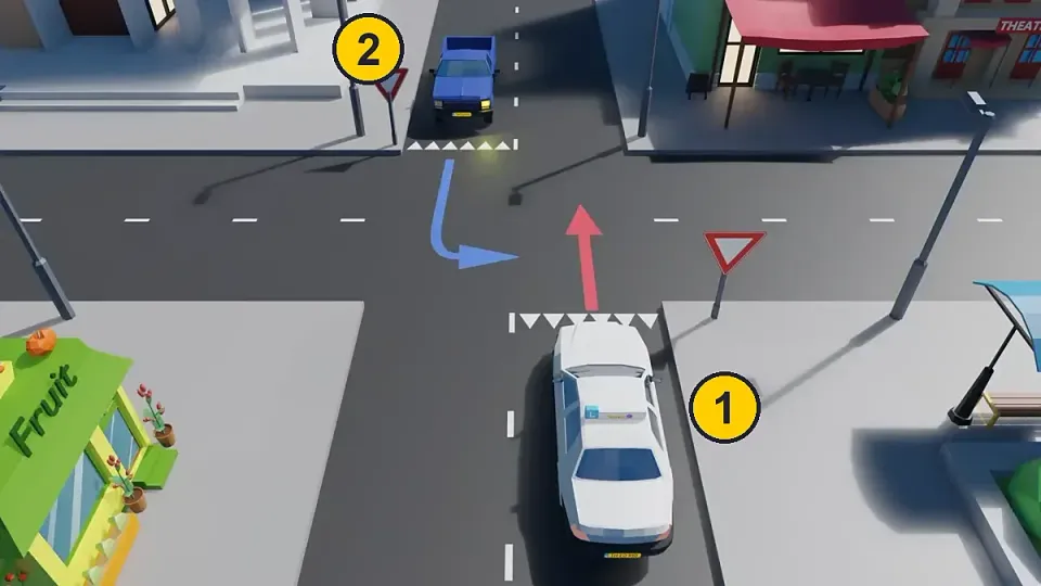 Both have shark teeth and the crossing road is empty. Between these two oncoming drivers you think the shark teeth away: the learner car goes straight on and goes first (1). The blue car turns and waits (2).