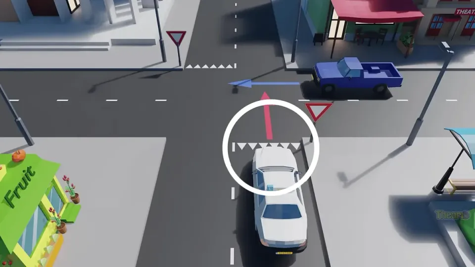 The learner car has shark's teeth and sign B6 and lets the blue pick-up on the crossing road go first.
