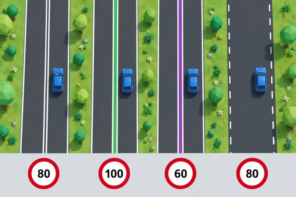 Four roads side by side: two white lines, green, purple and no centre line, with the speed that usually applies