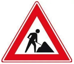 J16 warns of road works. Look ahead, adjust your speed and follow temporary traffic measures.