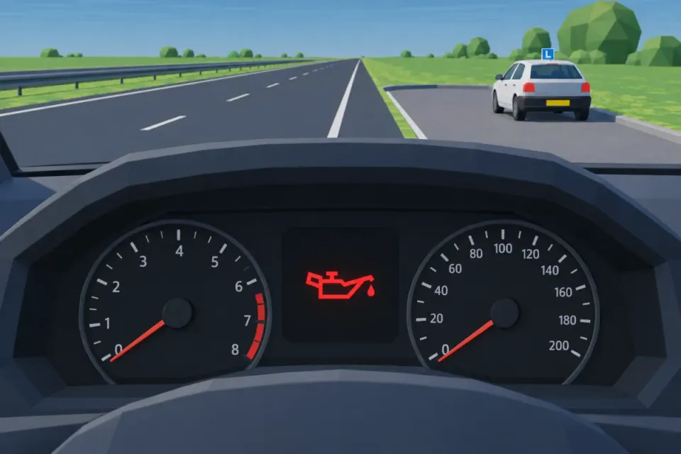 The red oil can with a drop warns of low oil pressure. Stop safely and switch off the engine.