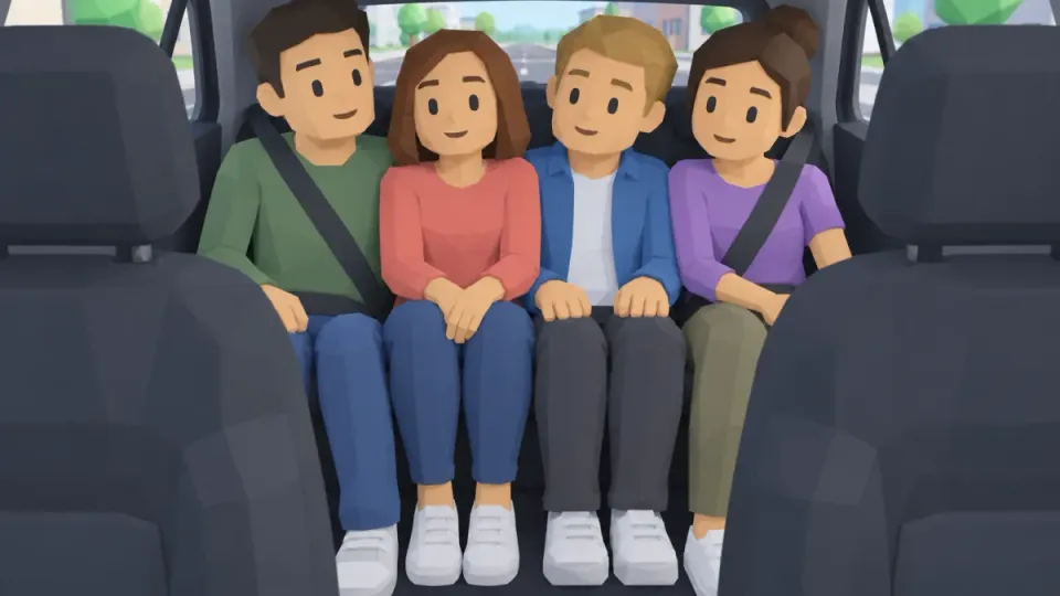 Four people on a back seat for three. Not everyone has their own belt, and that is not allowed.