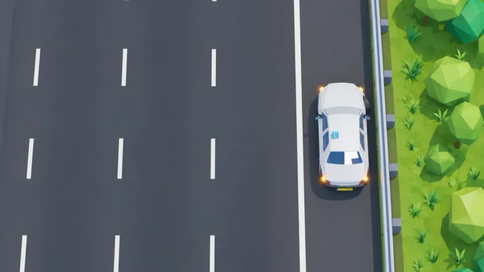 Seen from above: the car is close to the crash barrier, with the front wheels turned towards it.