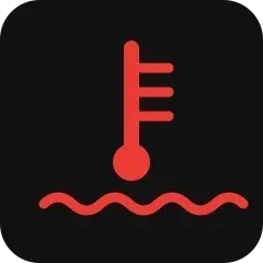 The coolant warning light: a red thermometer above waves. The engine or the coolant is too hot.