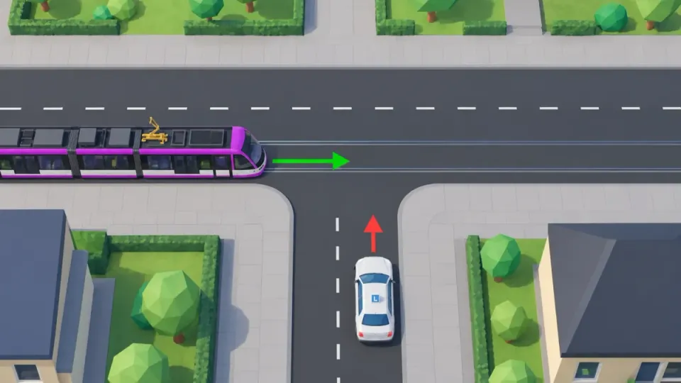 Equal T-junction: the tram comes from the learner car’s left. Still, the tram goes first. The learner car waits.