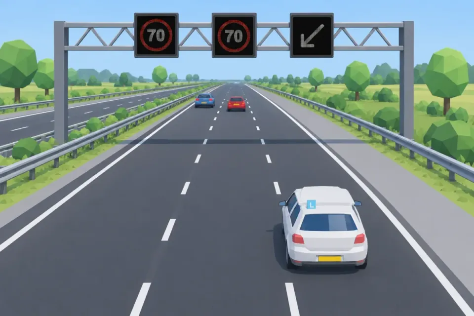 Gantry over the motorway showing 70, 70 and a diagonal arrow to the left above the right lane; the learner car drives in the right lane