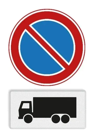 No-parking sign with a sub-sign showing a lorry