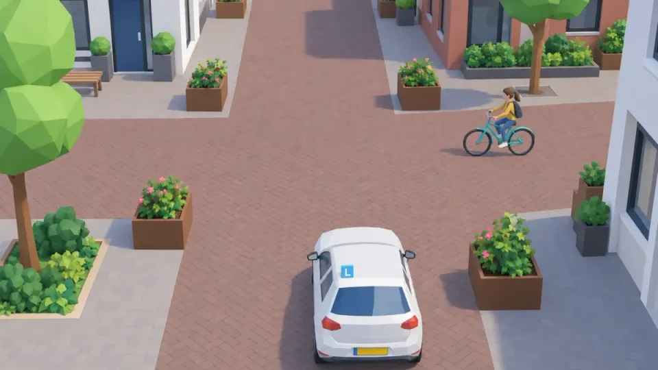 In an erf a cyclist comes from the right: the normal priority rules apply.