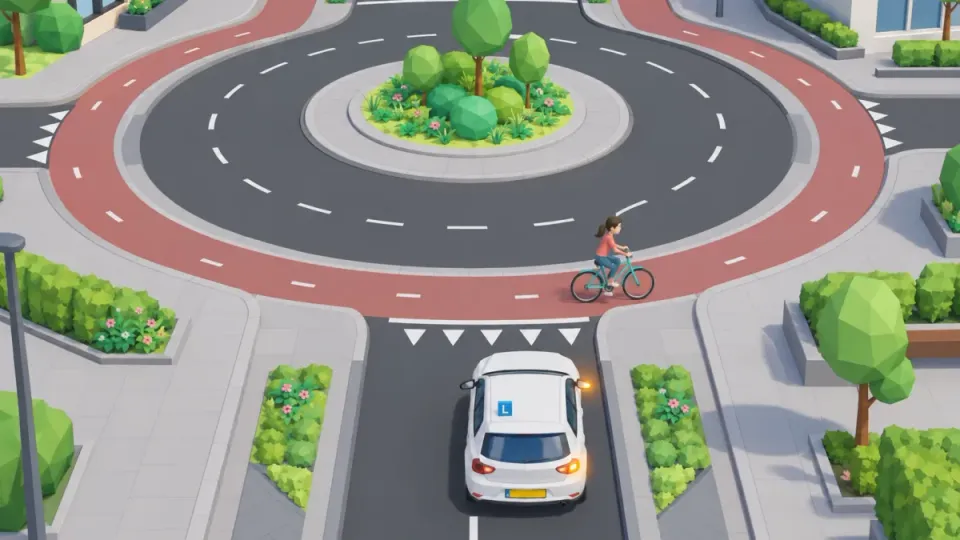 The learner car leaves the roundabout and waits for the cyclist on the cycle path.
