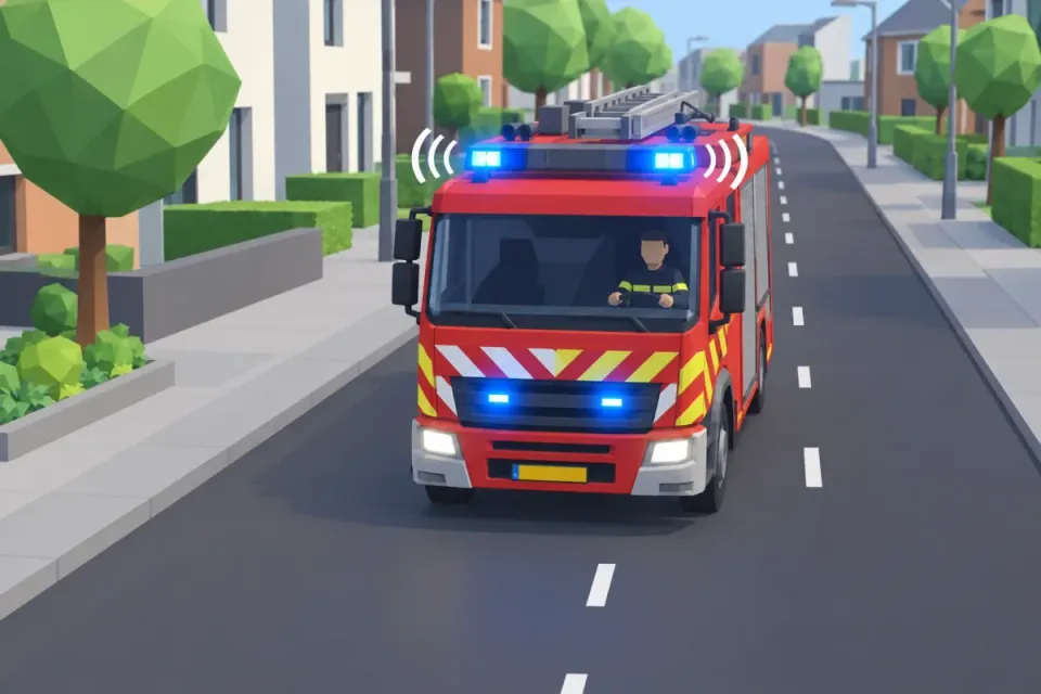 Fire engine with blue flashing lights and siren