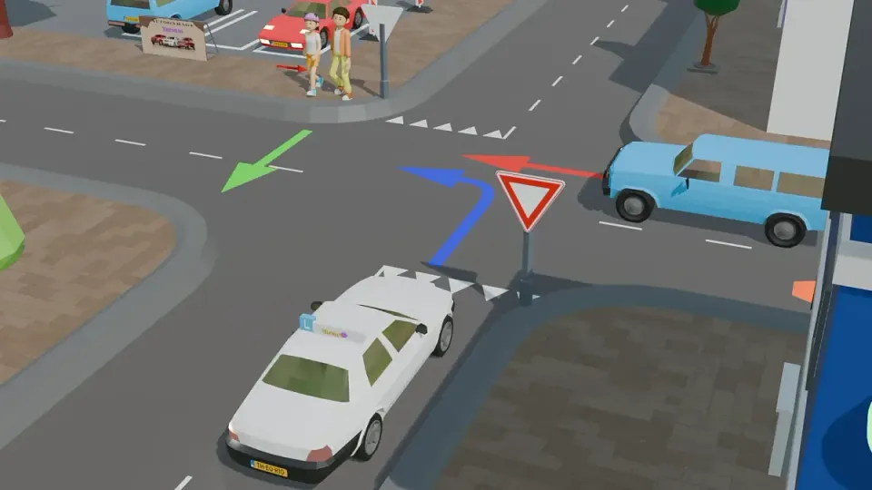 First the blue van on the crossing road. The turning learner car then waits for the pedestrians on the same road.