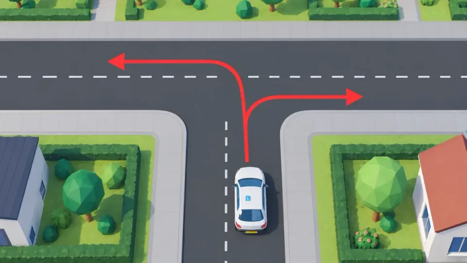 A T-junction from above: the side road joins a road that continues to the left and right. From the side road, the learner car can only turn left or right.