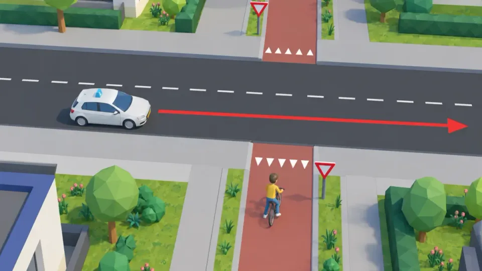 Here the cyclist has shark's teeth and sign B6 (give way) on the cycle path. The learner car on the road goes first; the cyclist waits.