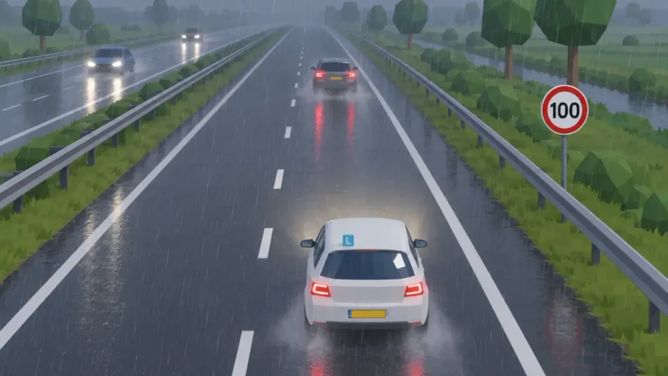Motorway in the rain with a 100 km/h speed limit sign; the learner car drives on the wet road with plenty of distance to the car in front