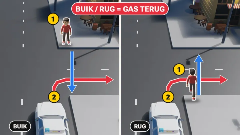 Links ziet de afslaande bestuurder de buik van de voetganger, rechts zijn rug: allebei gas terug.