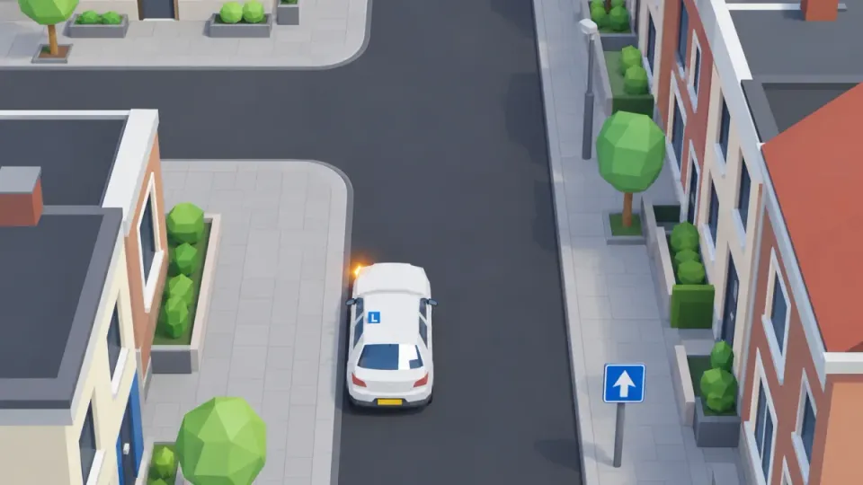 The learner car wants to turn left on a one-way street and drives fully on the left
