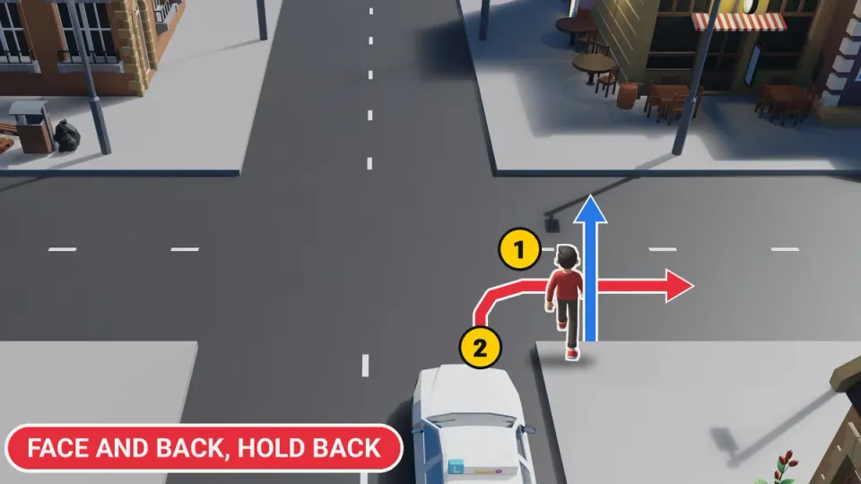 The learner car turns right; the pedestrian goes straight on along the same road and the driver sees their back.