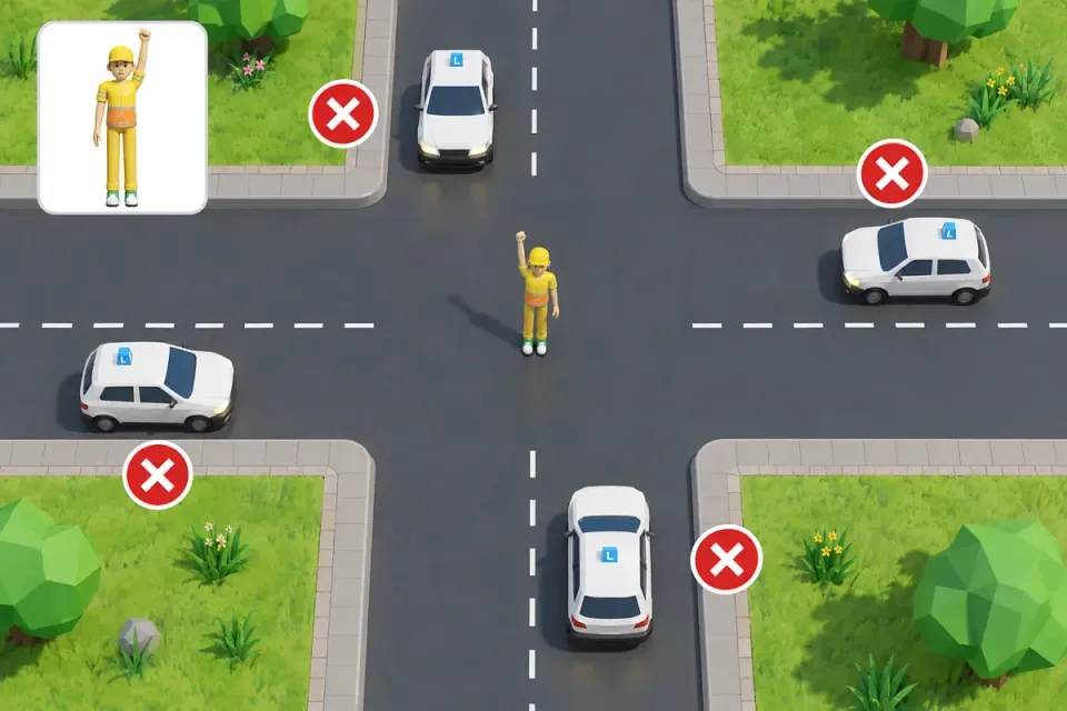 This general stop signal has red crosses beside every approaching car: all must stop.