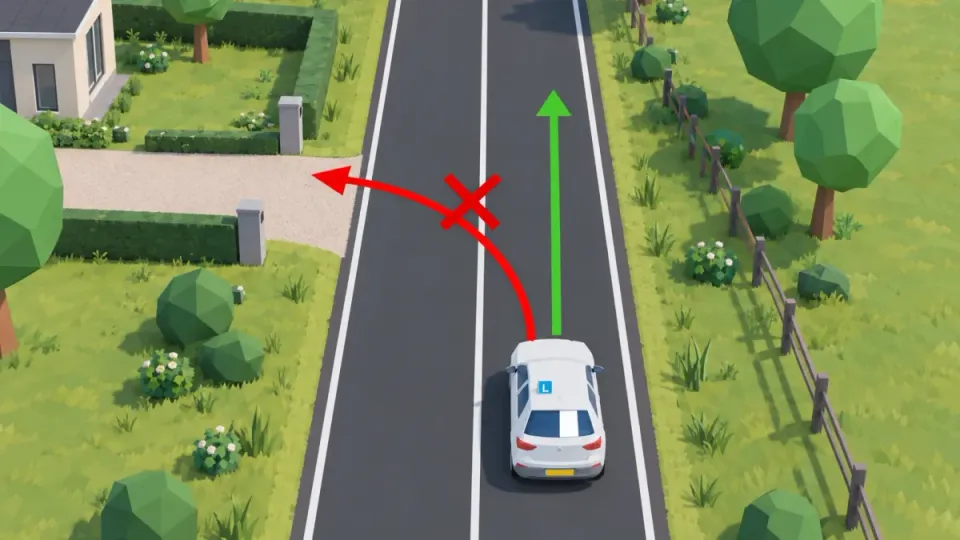 Solid centre line: turning left into a driveway is crossed out, driving straight on is right