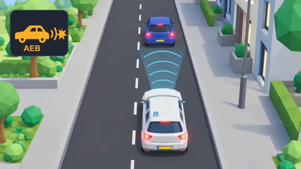 The learner car uses radar and a camera to see that the blue car ahead has stopped. If the driver does not react, the car brakes by itself. Top left you see an example of the AEB symbol; it differs per car.