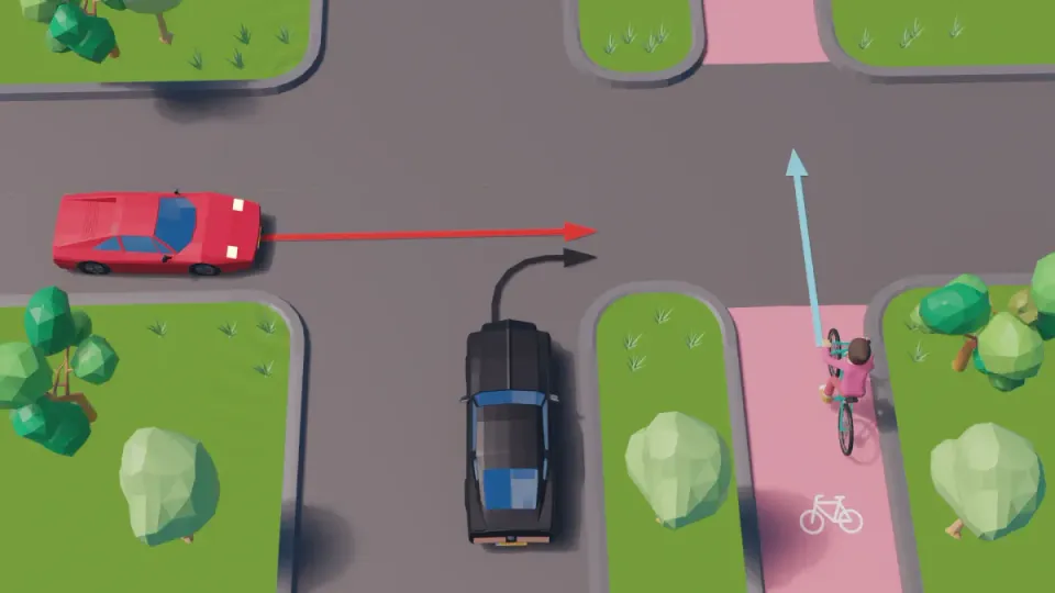 Equal junction with a red car from the left, a black car turning right and a cyclist on the cycle path next to it