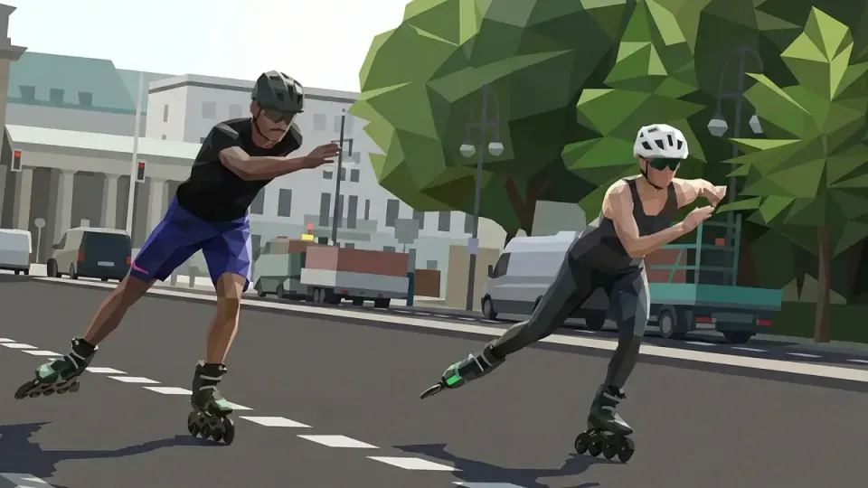 Pedestrians, people on inline skates and people walking a bicycle