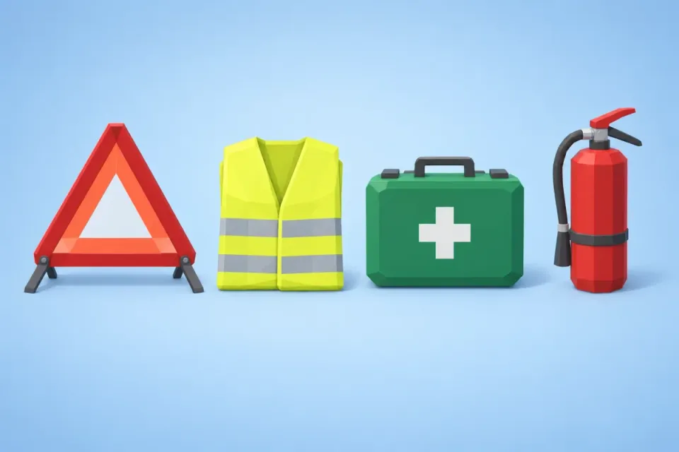 Warning triangle, high-visibility vest, first-aid kit and fire extinguisher side by side