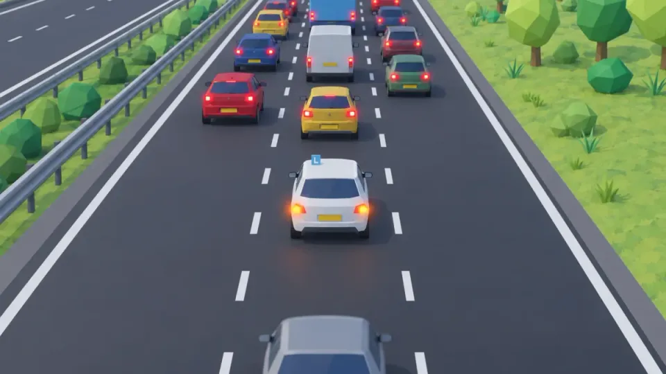 You are the last car in the traffic jam. Your hazard lights are on: both orange indicators flash. This warns the car coming up behind you.