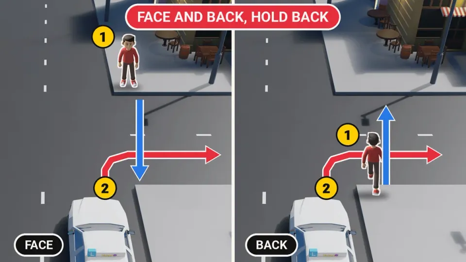 Left, the turning driver sees the pedestrian's face, right their back: face and back, hold back.