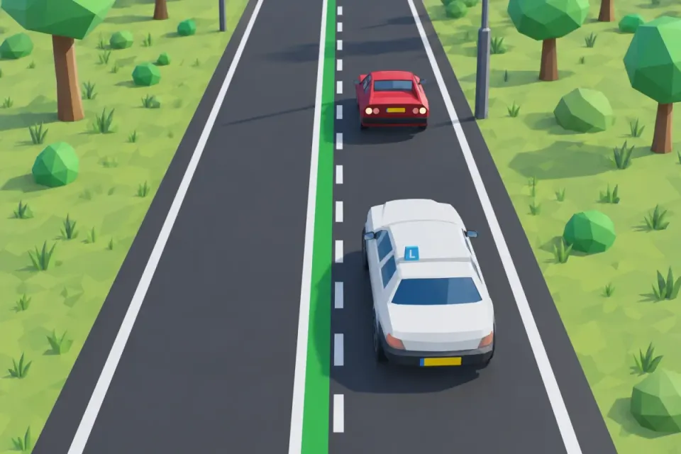 Groen met aan de kant van de lesauto een onderbroken streep en aan de andere kant een doorgetrokken streep