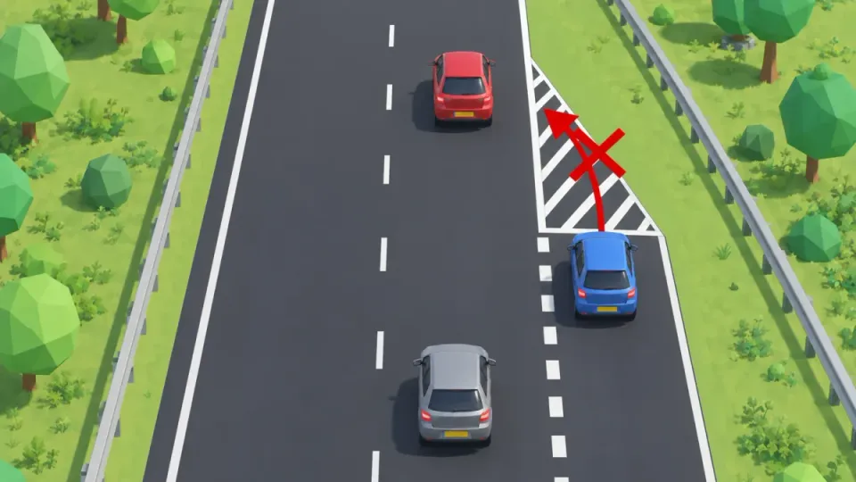 Blue car at the end of the acceleration lane wants to cross the hatched markings onto the motorway; a red arrow with a red cross shows this is not allowed