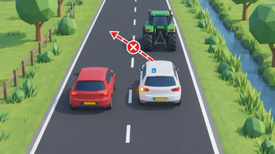 The red car is already overtaking the learner car. The learner car may not move left now to overtake the tractor.