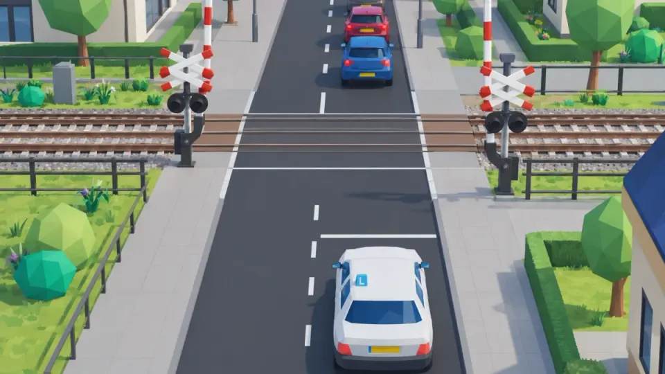 The learner car waits before the crossing, because there is a queue beyond the track.