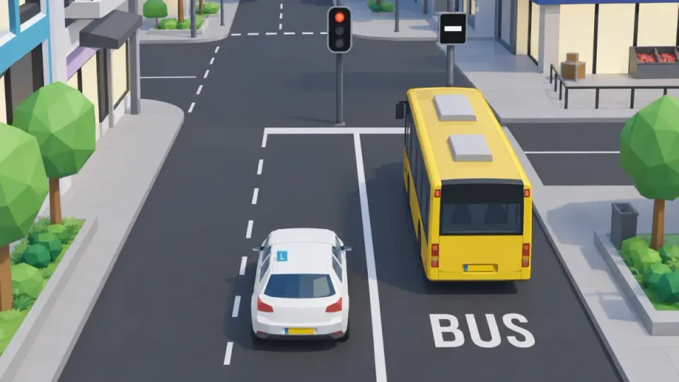 The learner car waits at red in the ordinary lane. On the right is a bus lane with BUS on the road and its own white bus light.