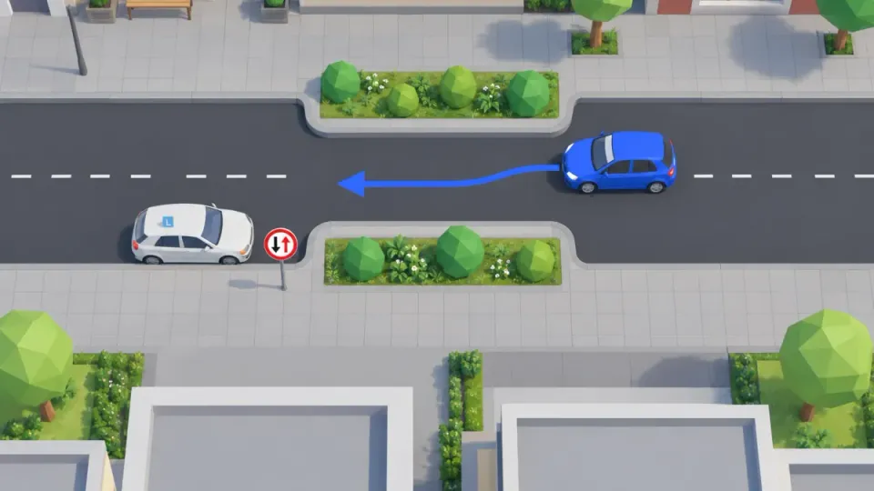 Sign F5 is on the learner car’s side: its arrow is red. The learner car waits before the narrowing. The blue oncoming car drives through first.