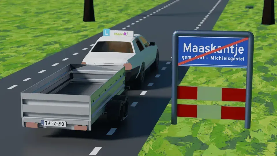 Car with a trailer passing the end of built-up area sign