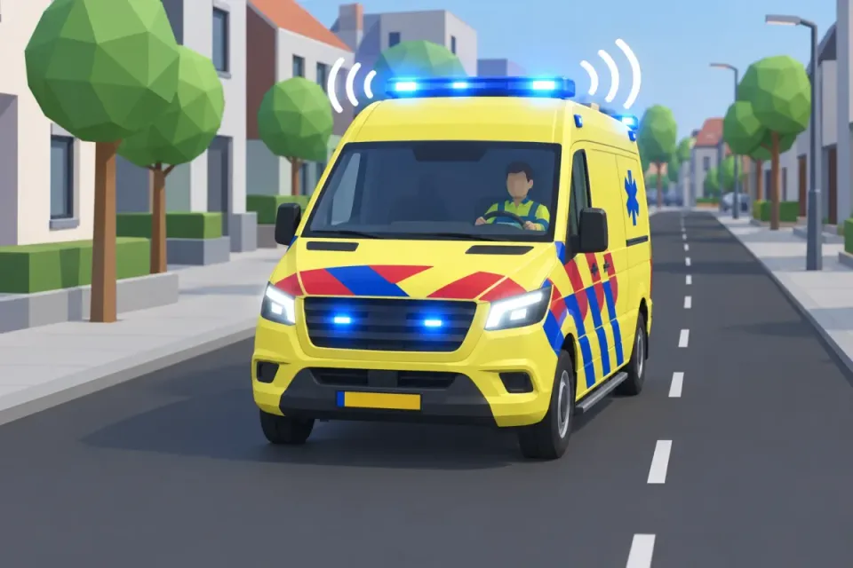 Ambulance with blue flashing lights and siren