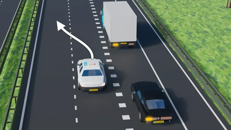 Learner car on the main carriageway with an arrow to the free left lane, so the merging driver on the right gets room