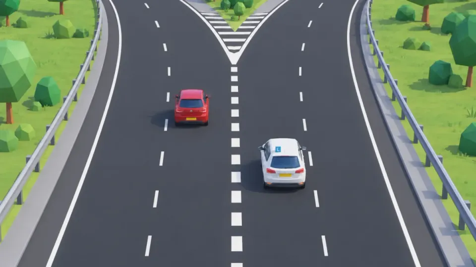 A motorway that splits, with block markings between the left and the right lanes