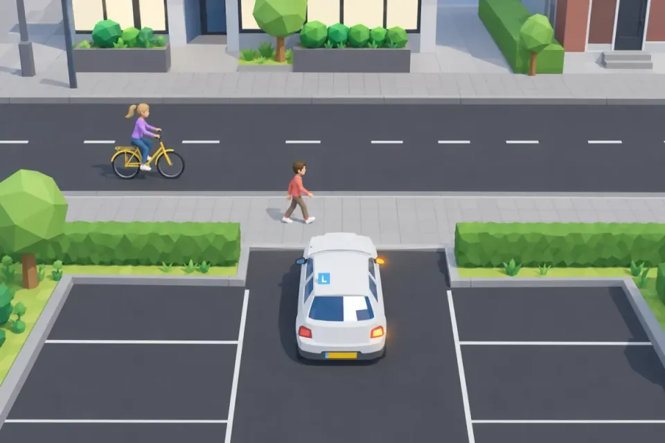 The learner car waits for the pedestrian and the cyclist.