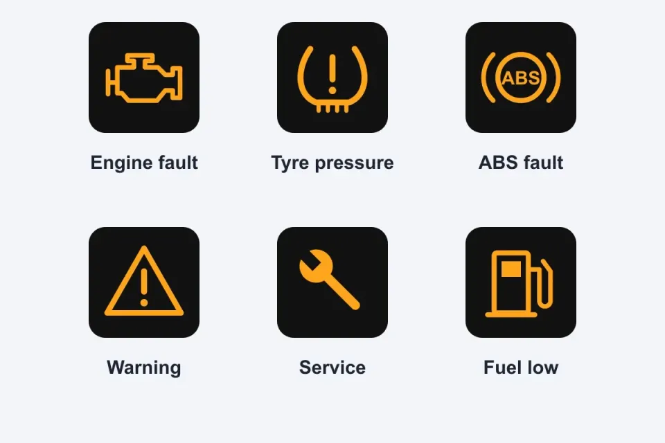 Orange warning lights: engine fault, tyre pressure, ABS fault, general warning, service and fuel low. Have it checked soon.