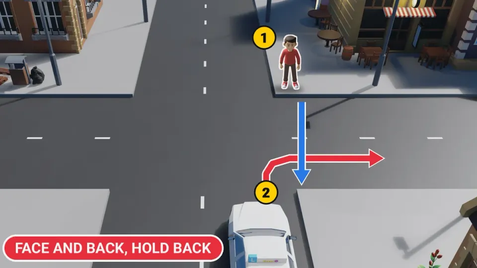 The learner car turns right; the pedestrian walks towards the car across the side street.