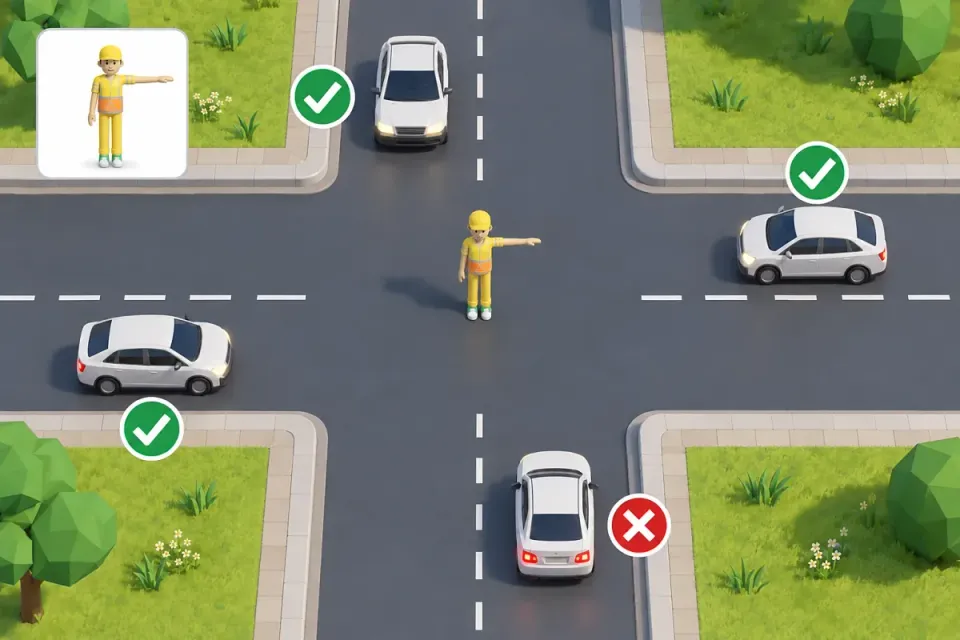 One arm out to the side: only the car the arm lies across stops.